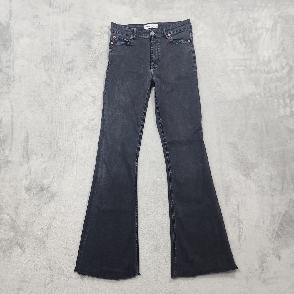 Zara Jeans Womens 6 Black High Rise Slim Flare Raw Hem Distressed Stretch Denim